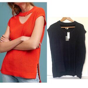 Anthropologie Sweater Tee Tunic Womens Large Black Cap Sleeve Vneck Knit Tunic